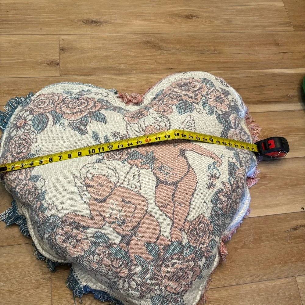 Oversized Vintage Quilt Tapestry Turned into Heart Shaped Cherub Pillow w Fringe